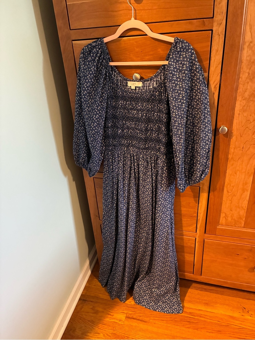 LOFT Navy Blue Floral Smocked Maxi Dress